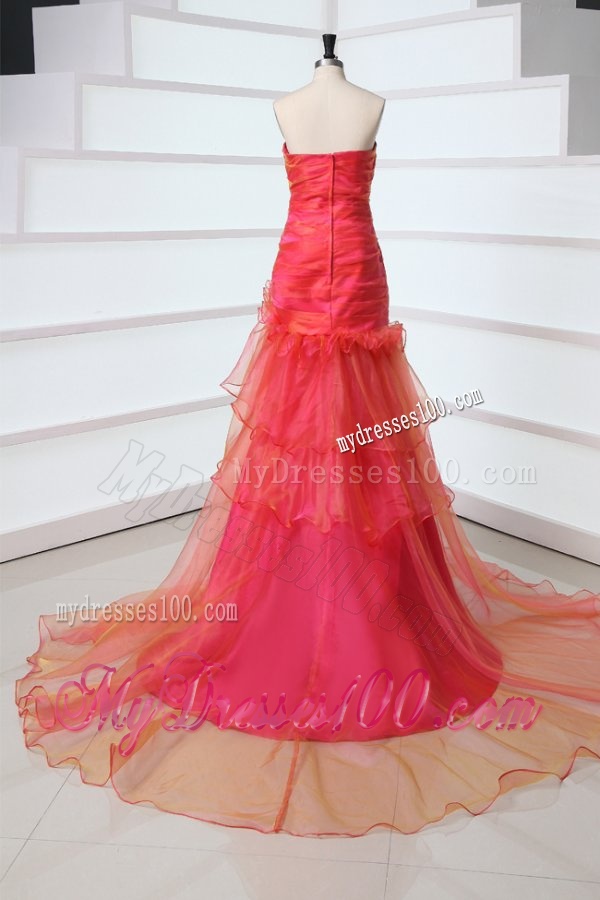 A-line Coral Red Sweetheart Ruching and Beading Court Train Evening Dress