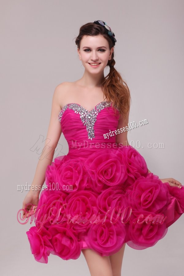 A-line Hot Pink Sweetheart Knee-length Hand Made Flowers Evening Dress