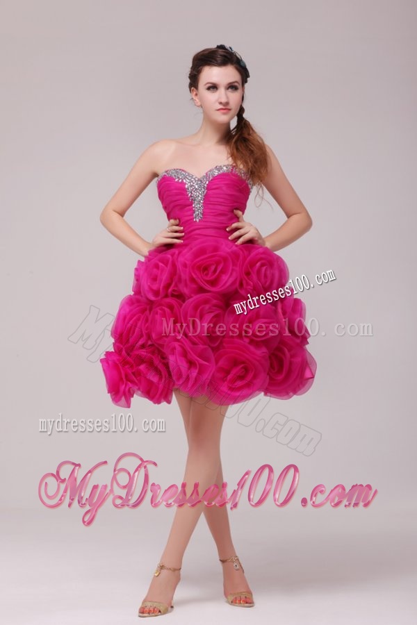 A-line Hot Pink Sweetheart Knee-length Hand Made Flowers Evening Dress