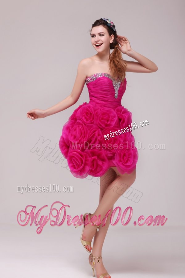 A-line Hot Pink Sweetheart Knee-length Hand Made Flowers Evening Dress
