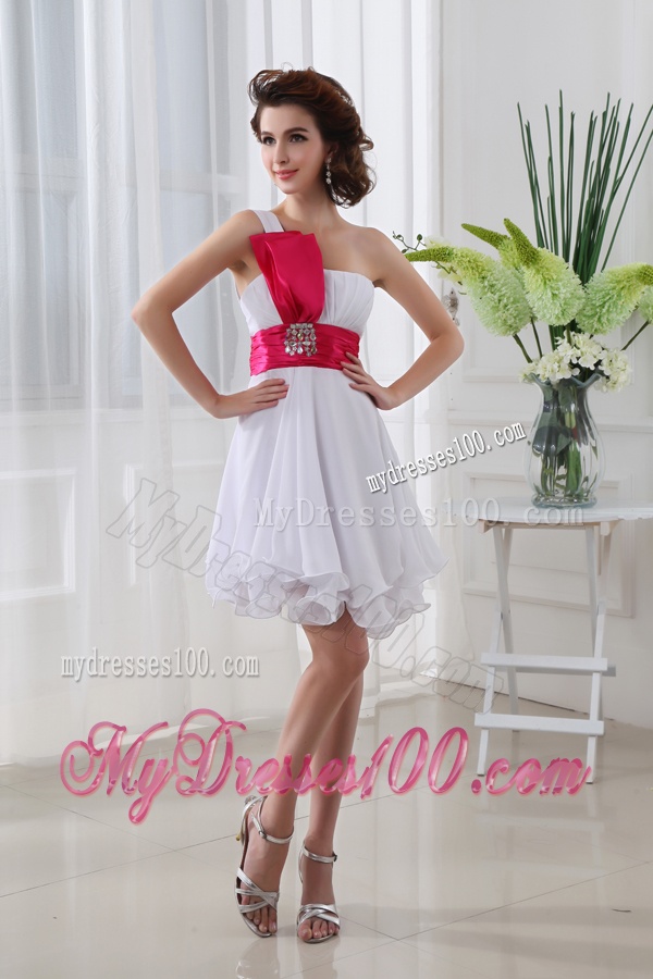 A-line One Shoulder Beading and Ruching Chiffon White Evening Dress