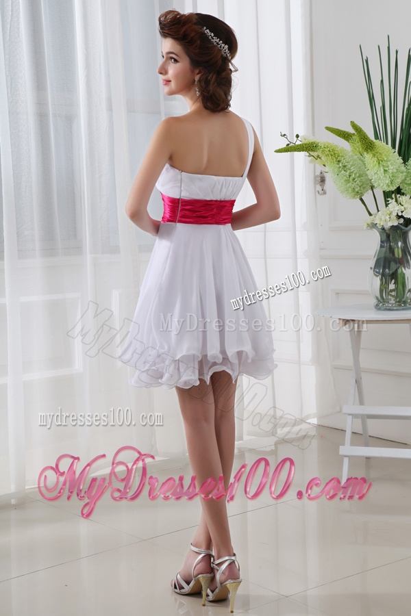 A-line One Shoulder Beading and Ruching Chiffon White Evening Dress