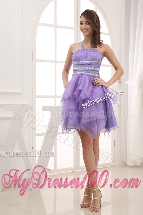 A-line One Shoulder Lavender Beading and Ruching Short Evening Dress