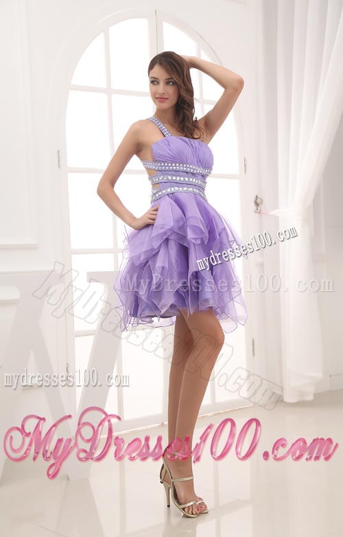 A-line One Shoulder Lavender Beading and Ruching Short Evening Dress