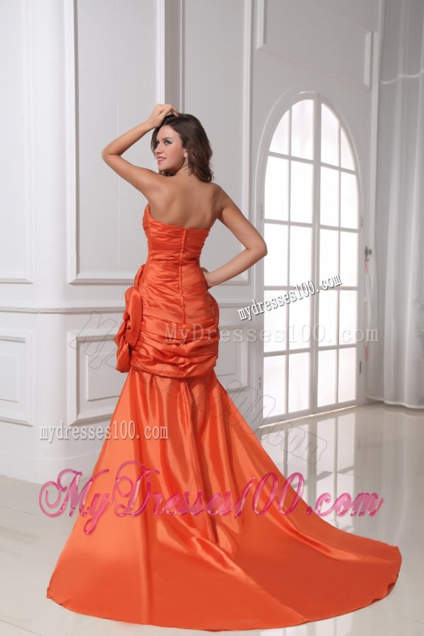 A-line Orange Red Strapless Ruching and Beading High-low Evening Dress