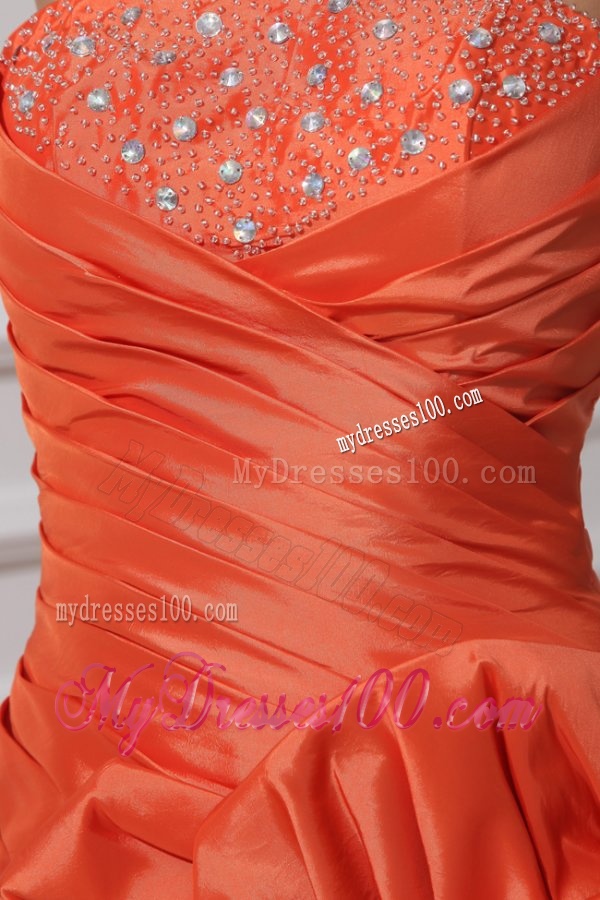 A-line Orange Red Strapless Ruching and Beading High-low Evening Dress