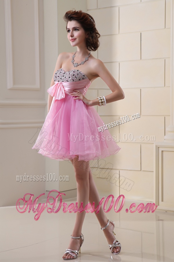 A-line Rose Pink Sweatheart Organza Evening Dress with Beading and Ruching