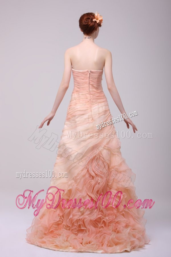 A-line Strapless Floor-length Peach Zipper Up Organza Evening Dress with Ruching