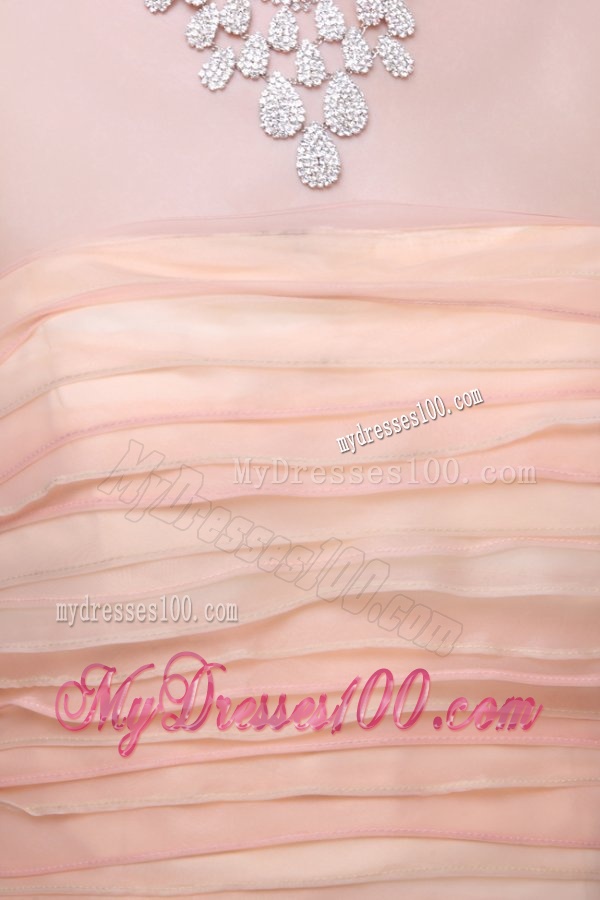 A-line Strapless Floor-length Peach Zipper Up Organza Evening Dress with Ruching