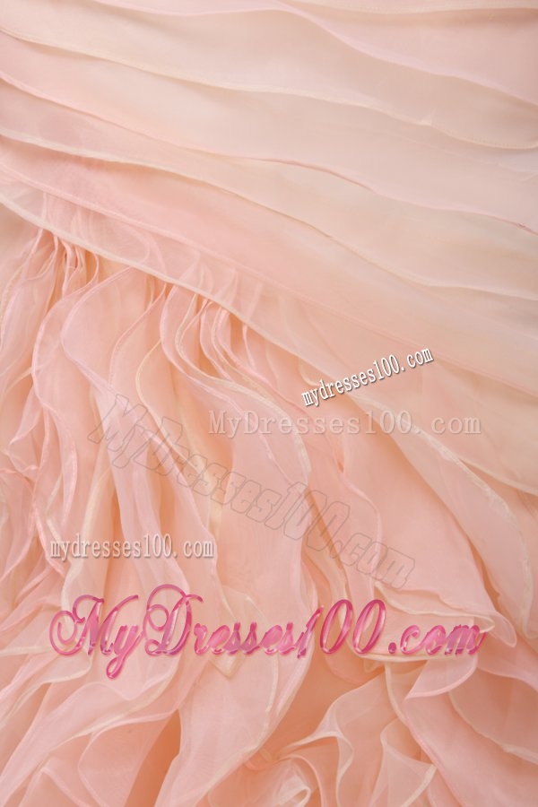 A-line Strapless Floor-length Peach Zipper Up Organza Evening Dress with Ruching