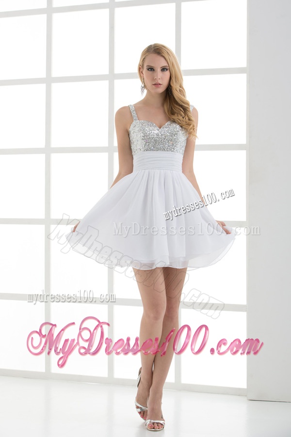 A-line Straps White Sleeveless Beading and Ruching Evening Dress