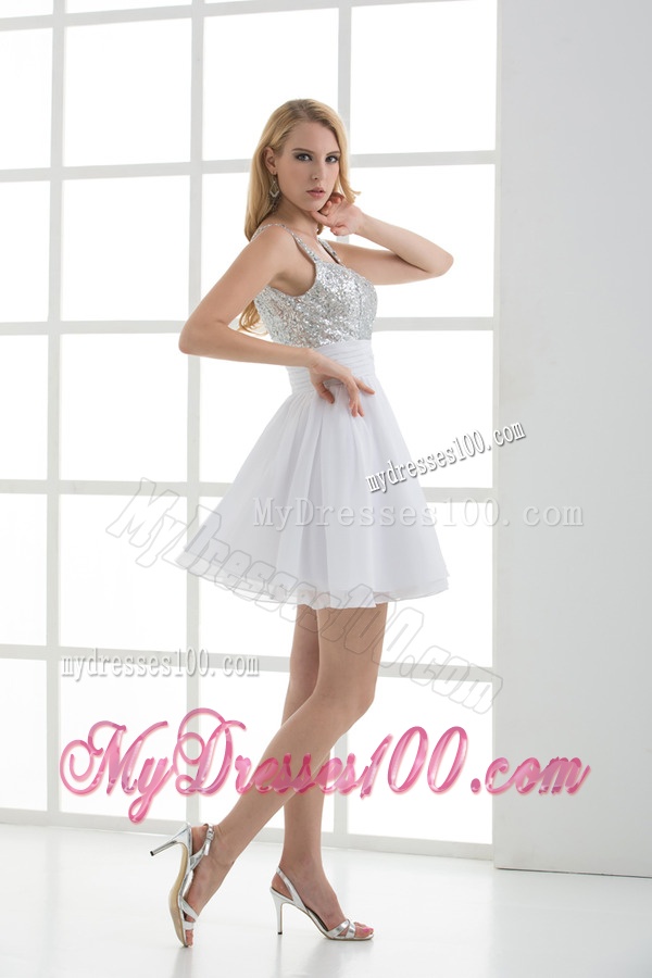 A-line Straps White Sleeveless Beading and Ruching Evening Dress