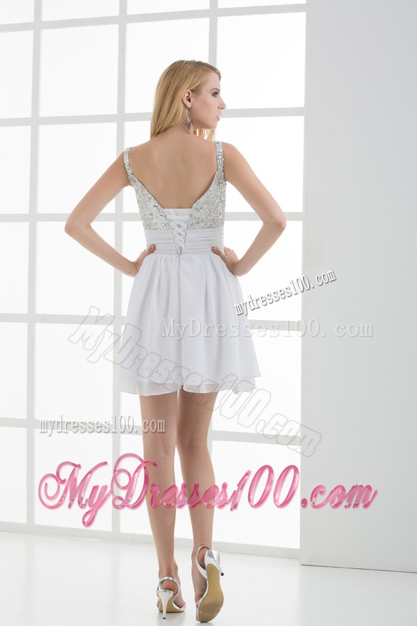 A-line Straps White Sleeveless Beading and Ruching Evening Dress
