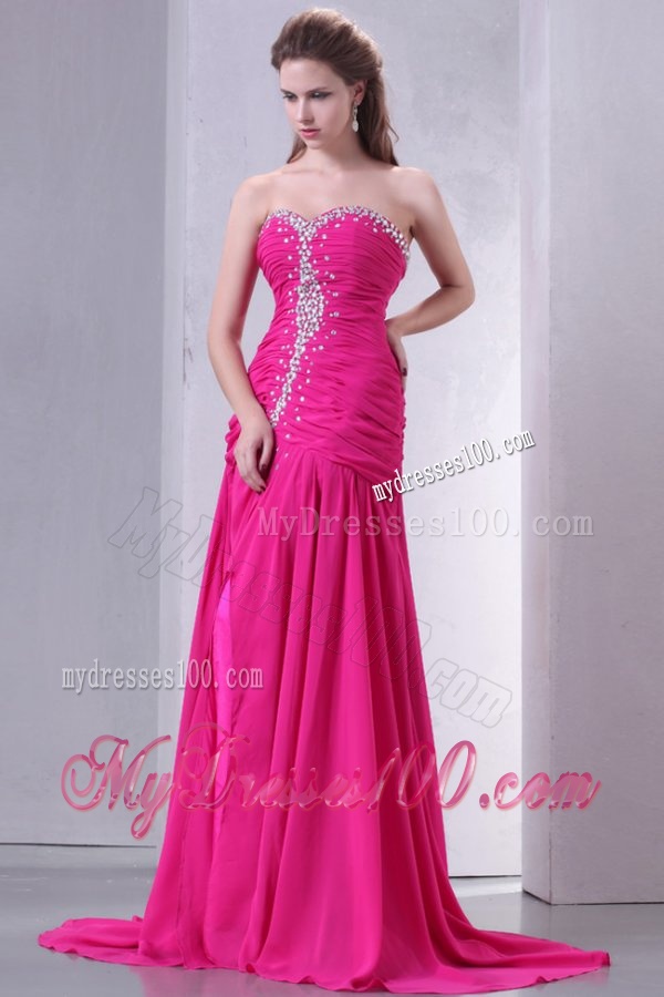 A-line Sweetheart Beading and Ruche Chiffon Evening Dress in Hot Pink