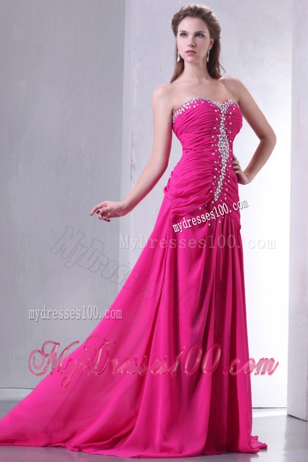 A-line Sweetheart Beading and Ruche Chiffon Evening Dress in Hot Pink