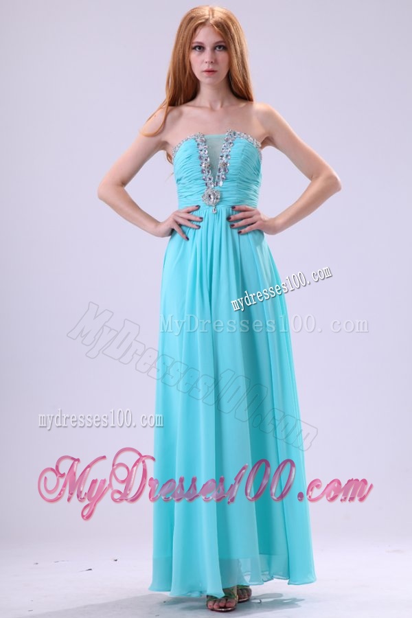 Aqua Blue Chiffon Strapless Empire Evening Dress with Beading