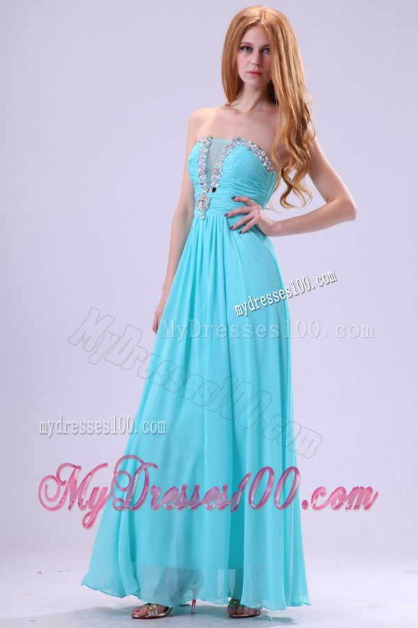 Aqua Blue Chiffon Strapless Empire Evening Dress with Beading