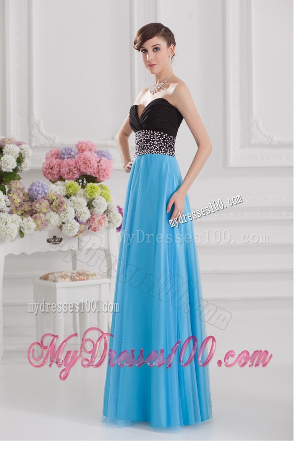 Aqua Blue and Black Empire Sweetheart Tulle Evening Dress with Beading