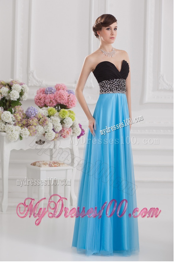 Aqua Blue and Black Empire Sweetheart Tulle Evening Dress with Beading