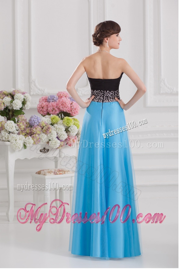 Aqua Blue and Black Empire Sweetheart Tulle Evening Dress with Beading