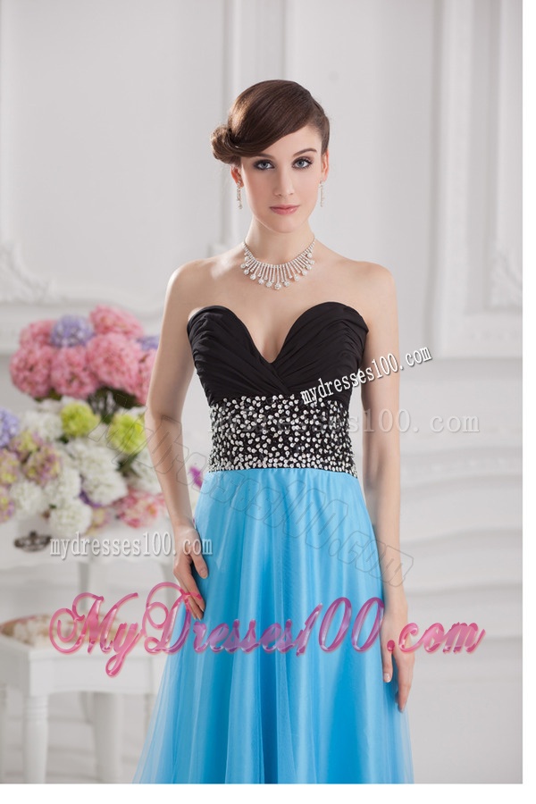 Aqua Blue and Black Empire Sweetheart Tulle Evening Dress with Beading