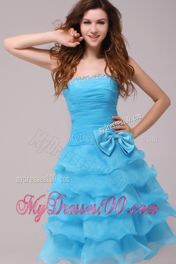 Baby Blue Princess Strapless Ruffled Layers Bow Evening Dress