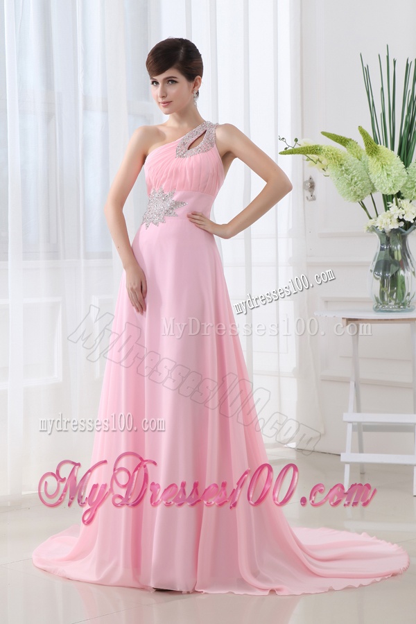 Baby Pink One Shoulder Court Train Chiffon Evening Dress with Beading and Ruching