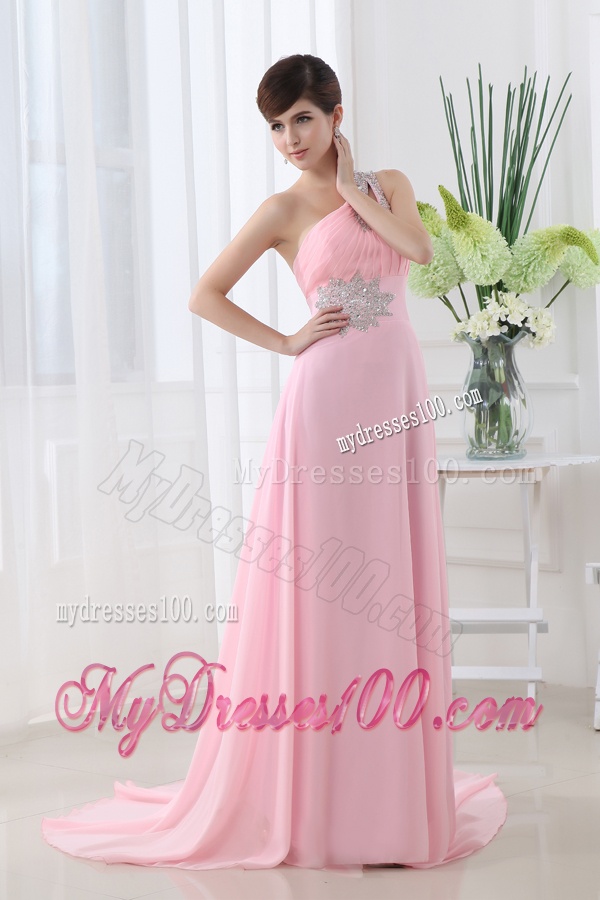 Baby Pink One Shoulder Court Train Chiffon Evening Dress with Beading and Ruching