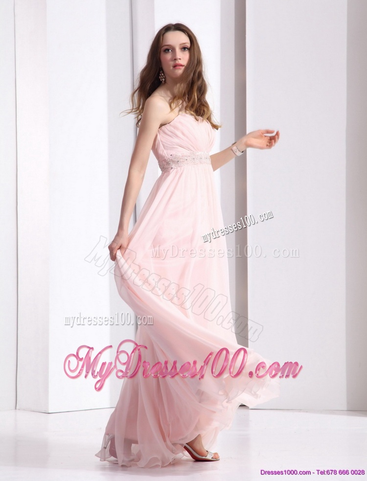 Baby Pink Strapless Evening Dresses with Ruching and Beading
