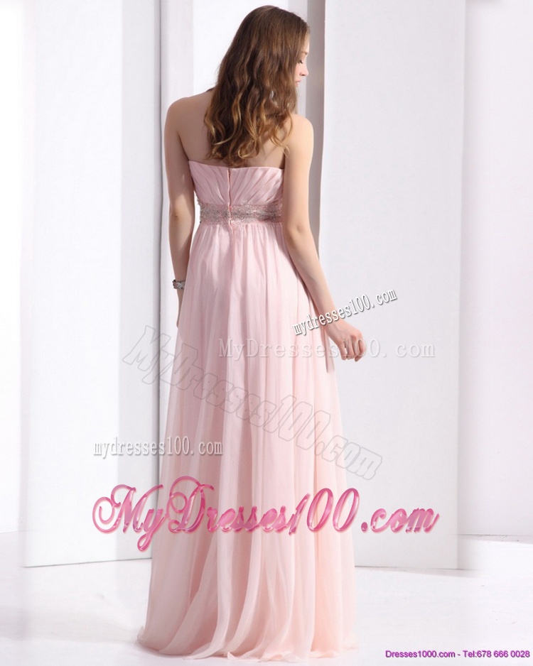 Baby Pink Strapless Evening Dresses with Ruching and Beading