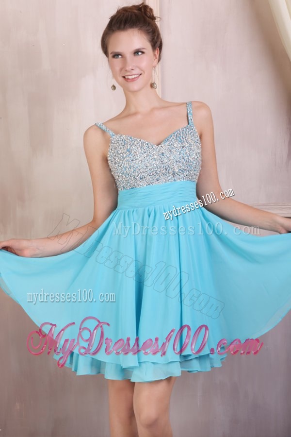 Beaded Decorate Brust Straps Chiffon Knee-length Aqua Blue Evening Dress