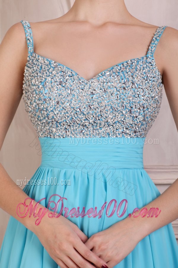 Beaded Decorate Brust Straps Chiffon Knee-length Aqua Blue Evening Dress