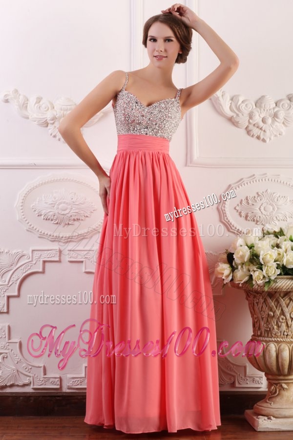 Beaded Decorate Brust Straps Empire Chiffon Watermelon Evening Dress
