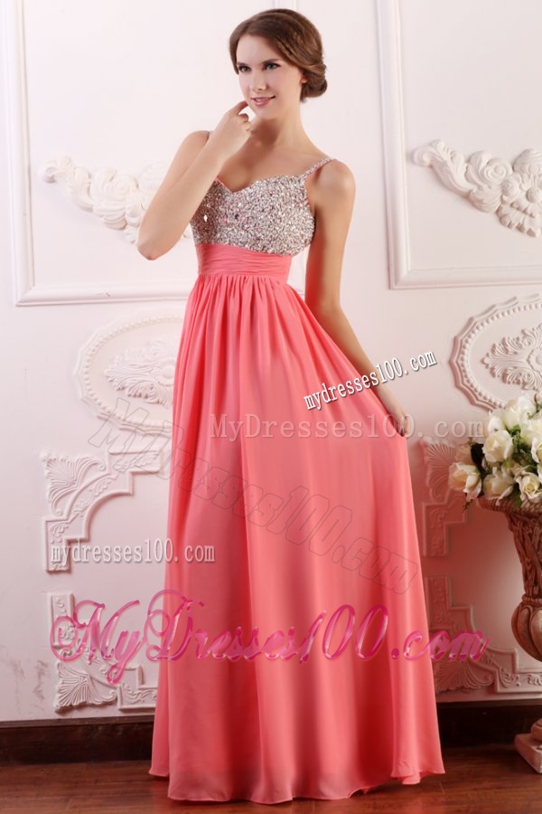 Beaded Decorate Brust Straps Empire Chiffon Watermelon Evening Dress