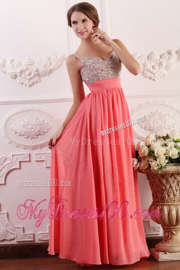 Beaded Decorate Brust Straps Empire Chiffon Watermelon Evening Dress