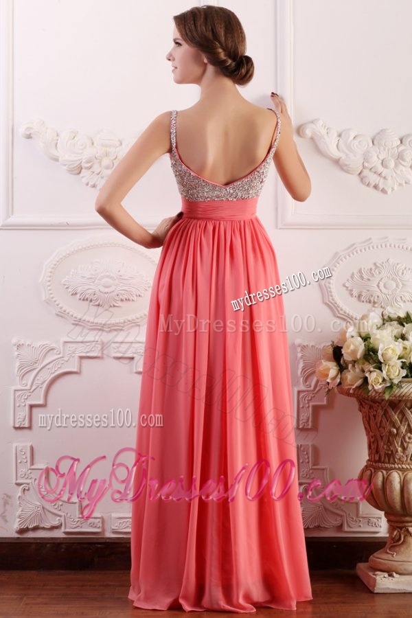 Beaded Decorate Brust Straps Empire Chiffon Watermelon Evening Dress