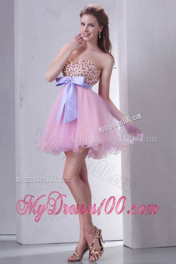 Beaded Decorate Brust Sweetheart Mini-length Baby Pink Evening Dress