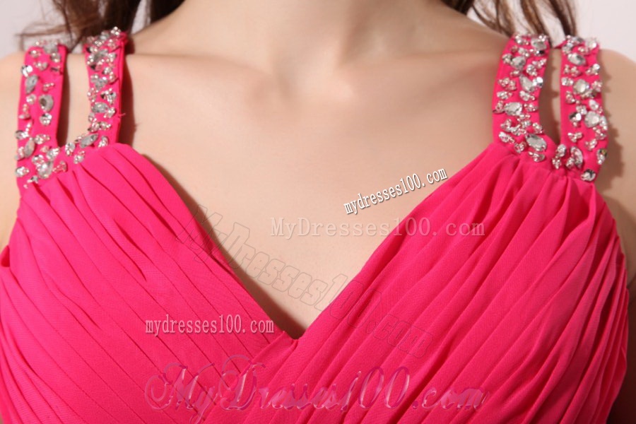Beaded Decorate Shoulder Chiffon Empire Evening Dress in Coral Red