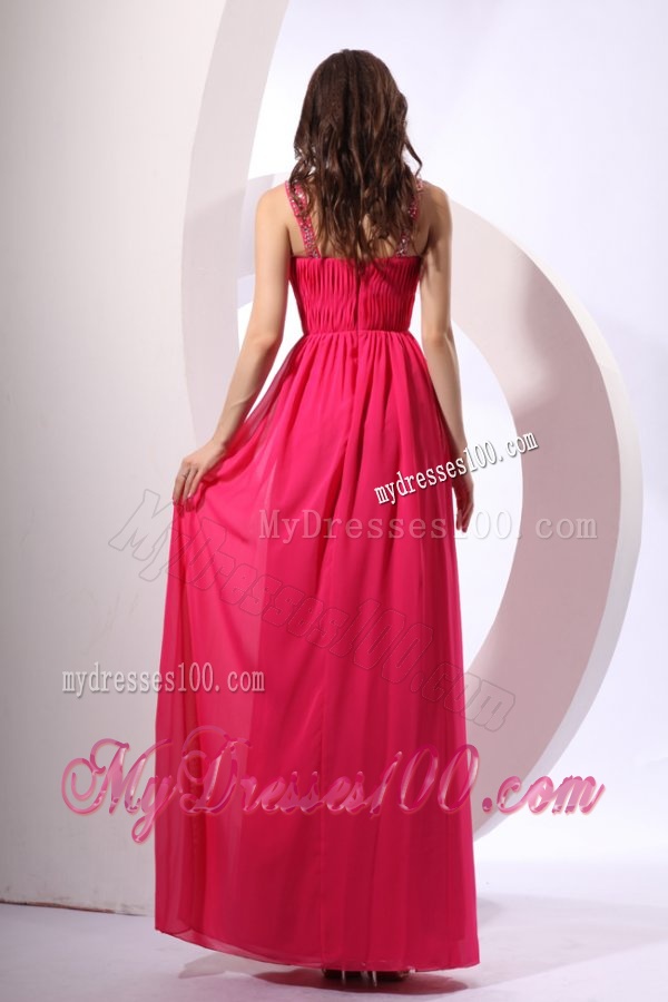 Beaded Decorate Shoulder Chiffon Empire Evening Dress in Coral Red