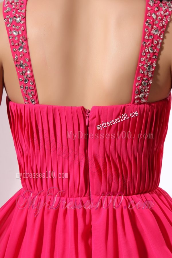Beaded Decorate Shoulder Chiffon Empire Evening Dress in Coral Red