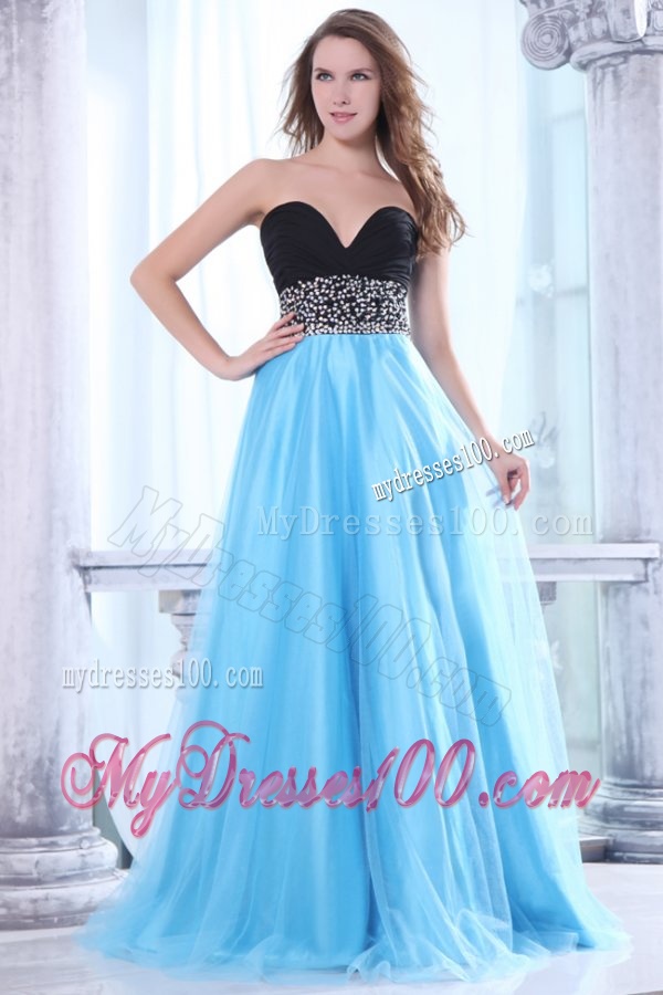 Beaded Decorate Waist Sweetheart Black and Aqua Blue Evening Dress