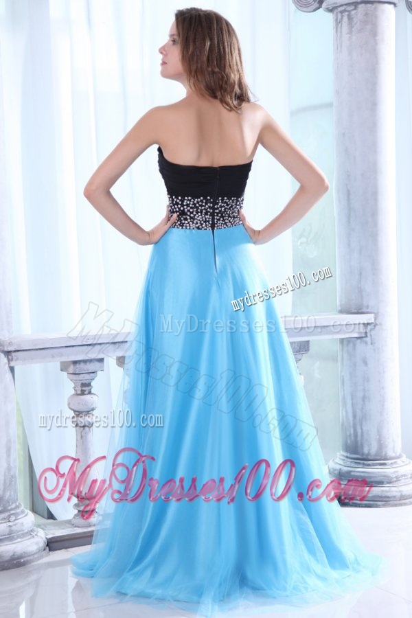 Beaded Decorate Waist Sweetheart Black and Aqua Blue Evening Dress