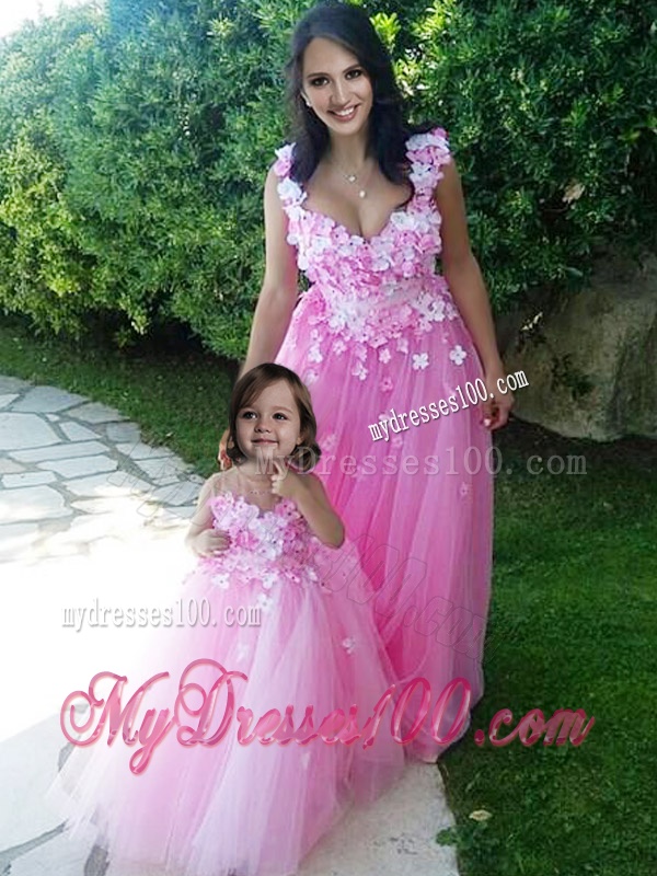 Beautiful Deep V Neckline Evening Dress with Appliques and Hot Sale Rose Pink Little Girl Dress with See Through Scoop