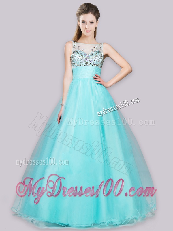 Beautiful See Through Bateau Side Zipper Evening Dress in Aqua Blue