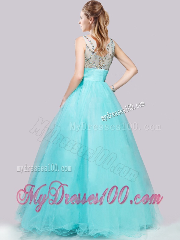 Beautiful See Through Bateau Side Zipper Evening Dress in Aqua Blue