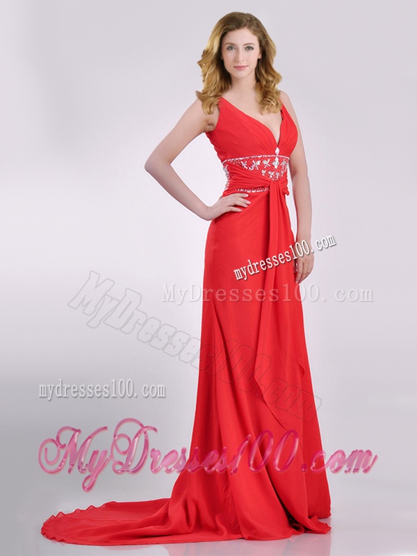 Beautiful V Neck Brush Train Chiffon Beaded Evening Dress in Coral Red