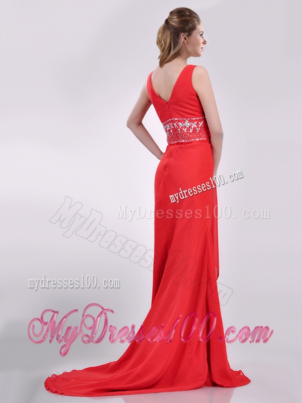 Beautiful V Neck Brush Train Chiffon Beaded Evening Dress in Coral Red