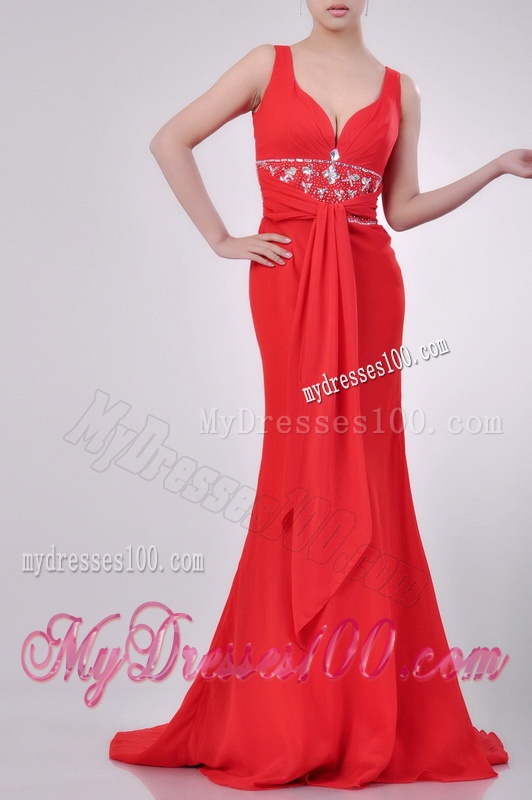 Beautiful V Neck Brush Train Chiffon Beaded Evening Dress in Coral Red