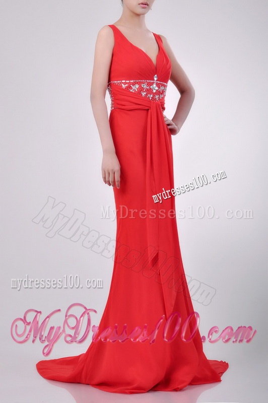 Beautiful V Neck Brush Train Chiffon Beaded Evening Dress in Coral Red