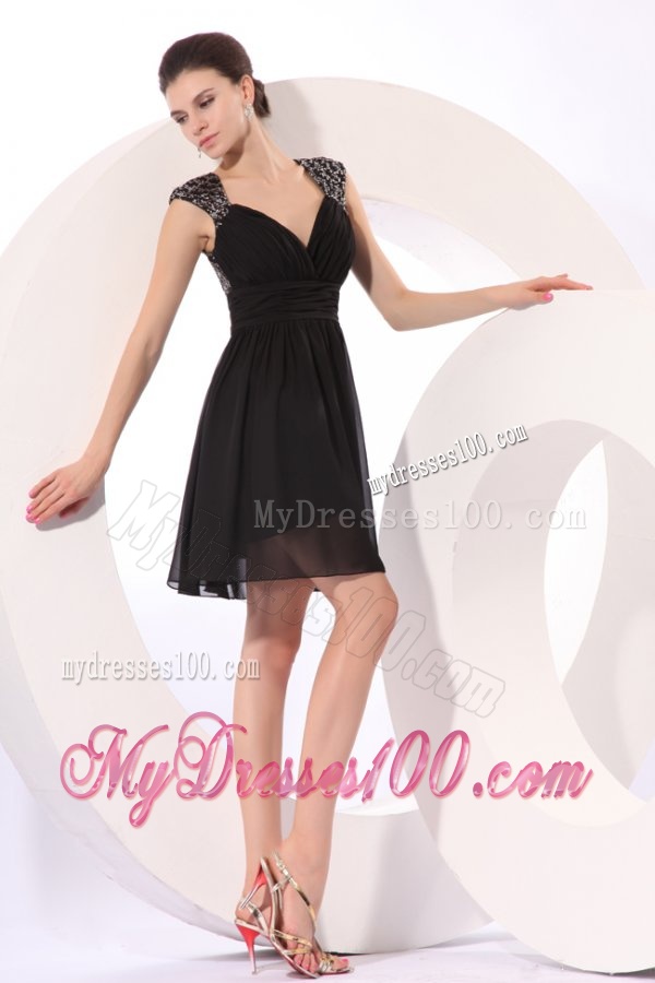 Black Straps Beaded Short Evening Dress in Mini-length